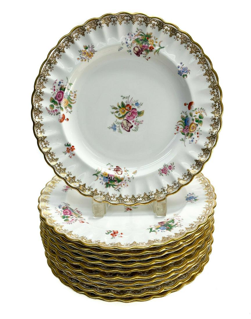 12 Copeland Spode England Porcelain Floral Rimmed Dinner Plates, circa 1920 (1 of 4)
