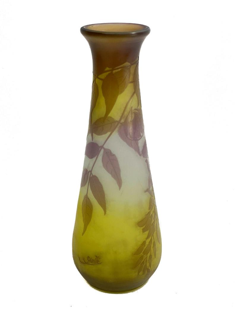 Emile Galle 3 Color Amethyst Yellow & White Glass Cameo Vase (1 of 6)