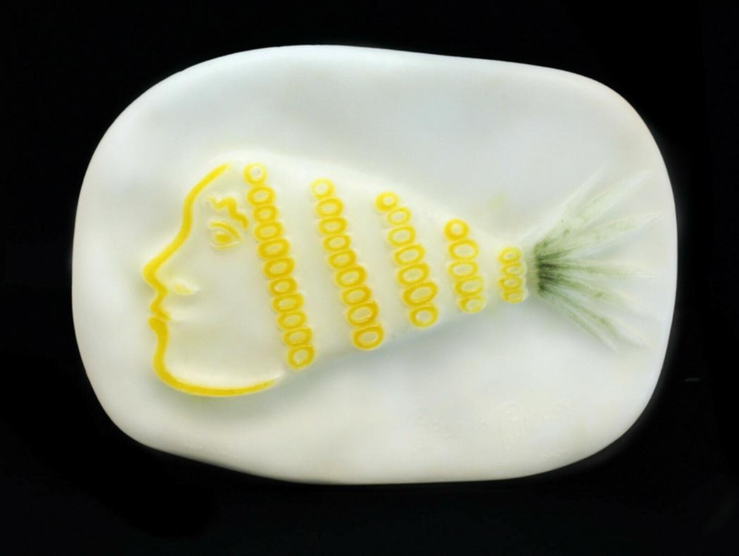Daum - Pineapple Girl - Limited Edition/150 by Paloma Picasso: Daum PÃ¢tÃ© de Verre glass Pineapple Girl sculpture by Paloma Picasso. Opaque white to the base with stunning yellow and green to reliefs of a figural head of a girl. Etched Paloma Picasso Daum to