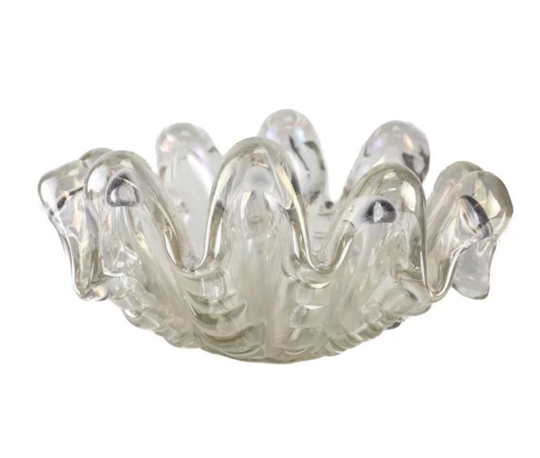 Ercole Barovier Costolature Clam Shell Centerpiece Bowl: Large Ercole Barovier for Barovier & Toso "a Grosse Costolature" art glass clam shell centerpiece bowl. Italian, in the shape of a giant clam shell and iridescent throughout. Weight Approx., 9lbs Meas