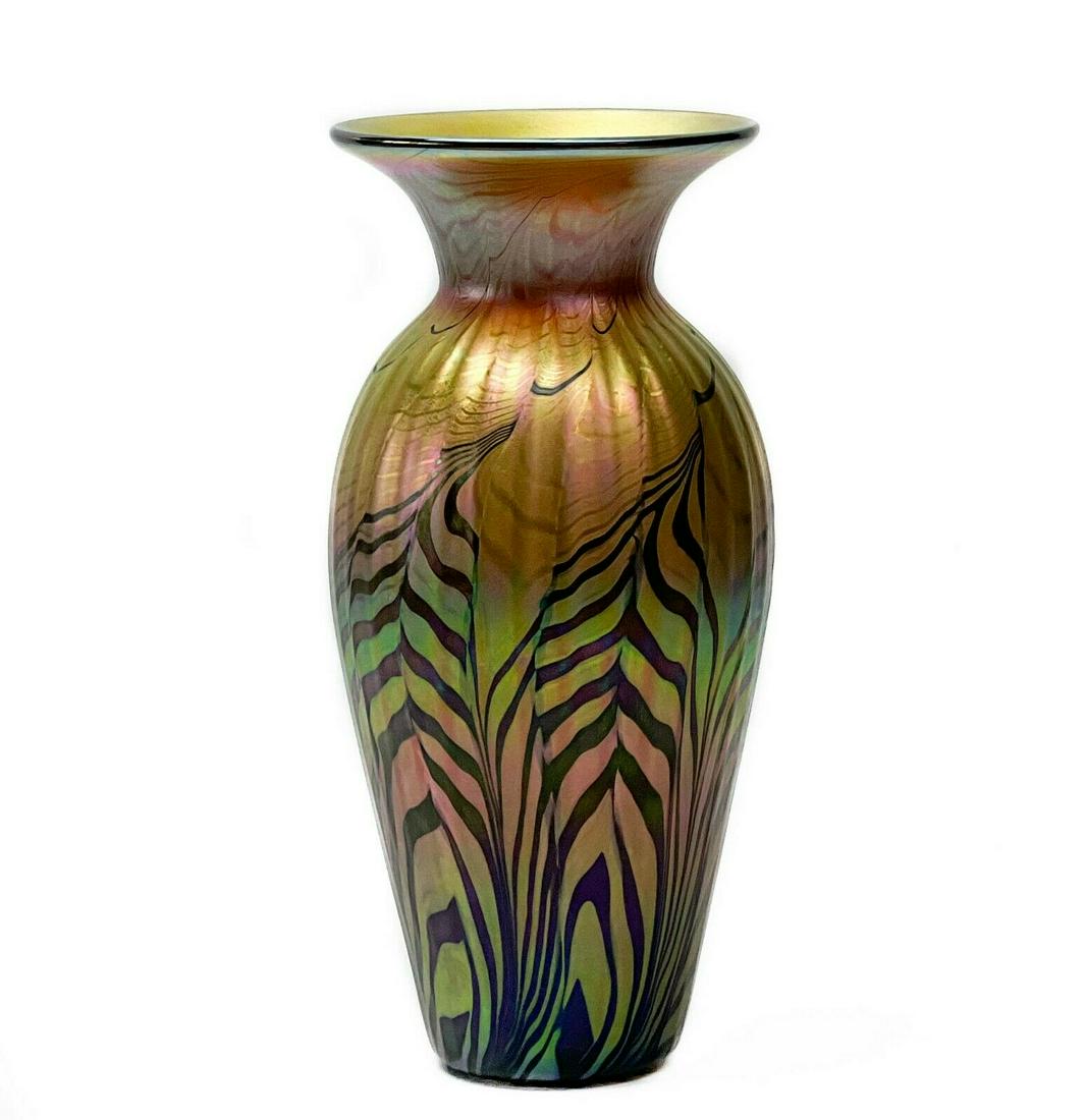 Lundberg Studios Iridescent Gold Pulled Feather Art Glass Vase (1 of 5)
