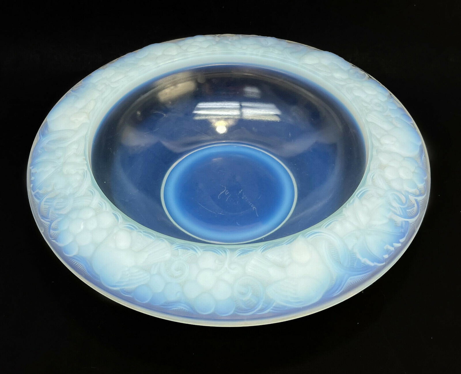 Sabino Blue Opalescent Glass Bowl, Molded Leaves, Flowers, Birds. Signed: Pair Sabino Paris blue opalescent glass centerpiece bowl. Rim with molded leaves, flowers, and birds. Signed Sabino to underside. Weight Approx., 1 lb Measures Approx., 12 inches diameter x 2.75 inche