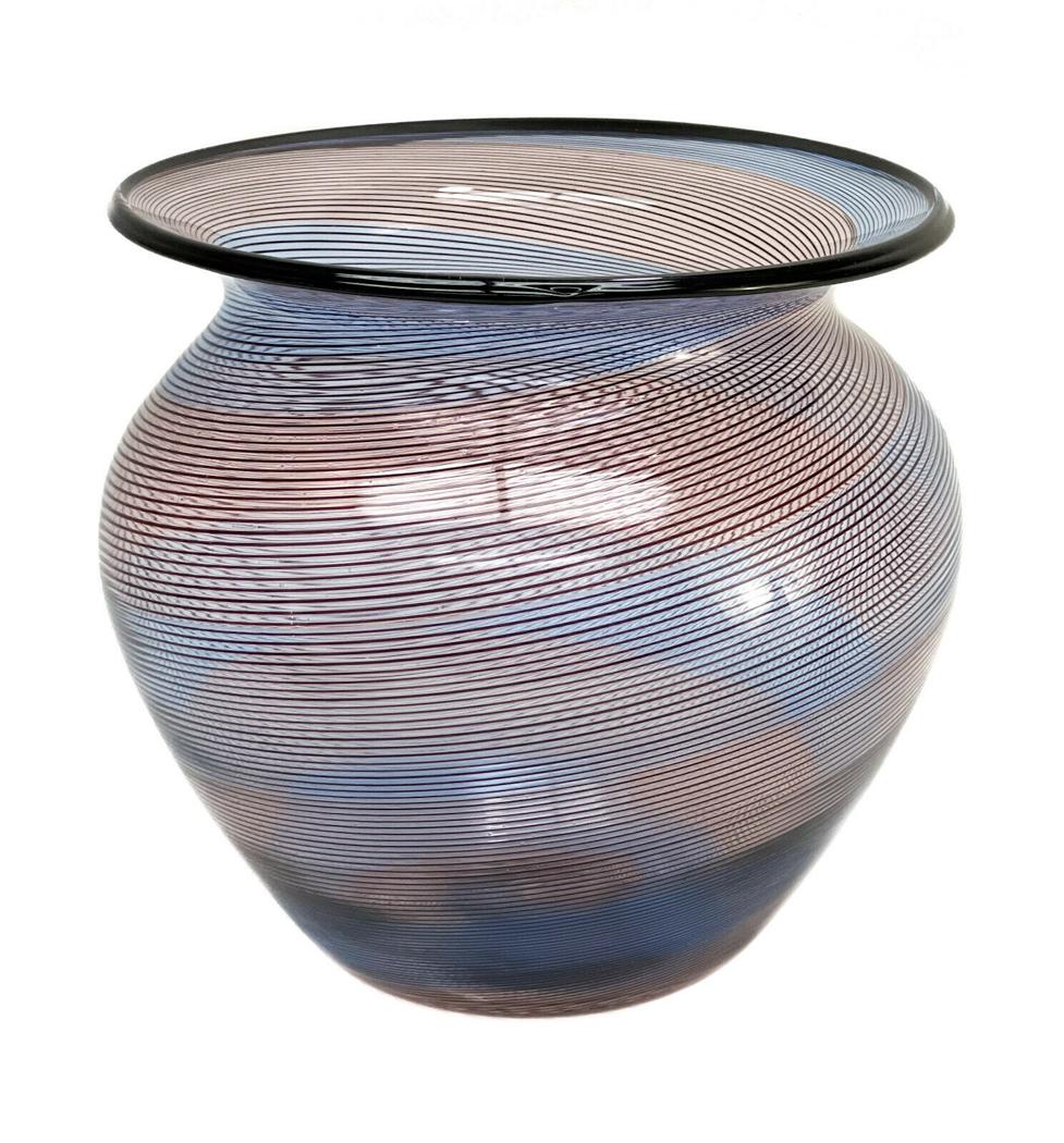 Barovier & Toso Murano Italian Mezza Filigrana Glass Vase Signed: Barovier & Toso Murano Italian amethyst and coral Mezza Filigrana glass vase. Marked Barovier & Toso to the underside. Weight Approx., 1 lb Measures Approx., 9 inches diameter x 9 inches tall