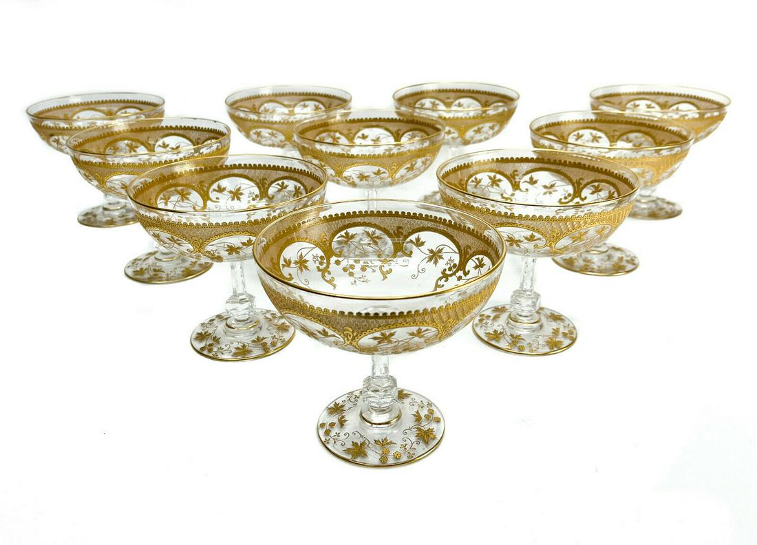 10 French Glass Intaglio Cut Gilt Large Champagne Coupes Attributed to St. Louis (1 of 1)