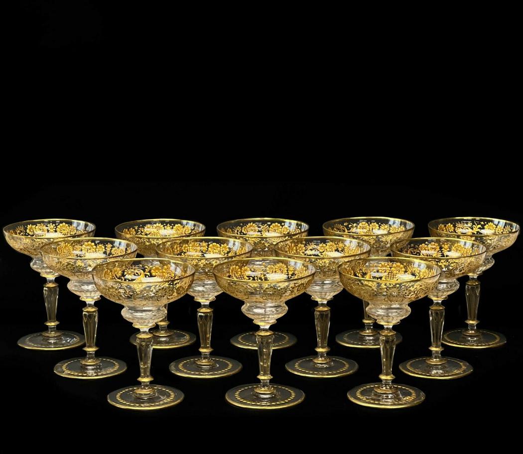 12 Gilt Intaglio Cut Glass Champagne Saucers or Coupes 2nd Quarter 20th cen (1 of 8)