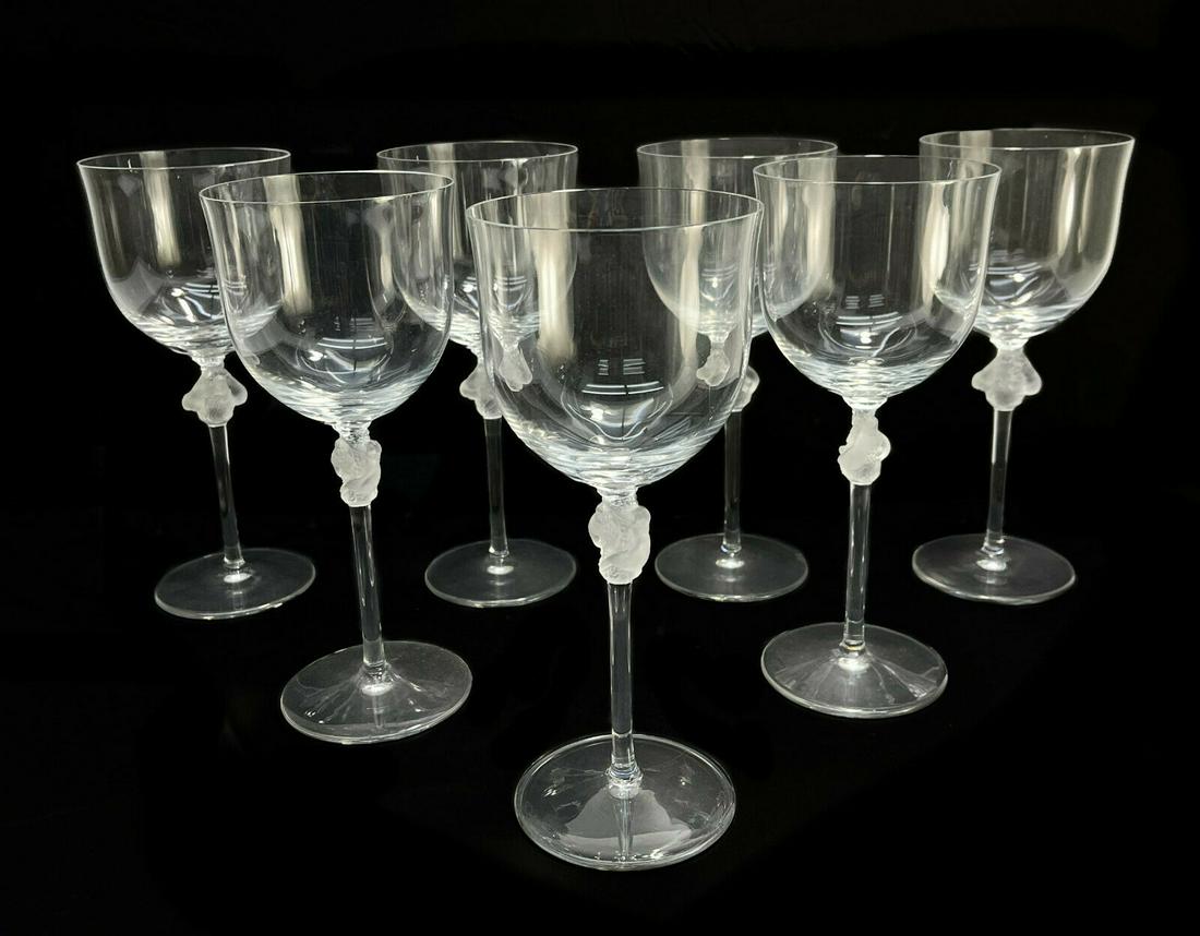 7 Lalique France Frosted Clear Glass Tall Water Goblets in Roxane (1 of 5)