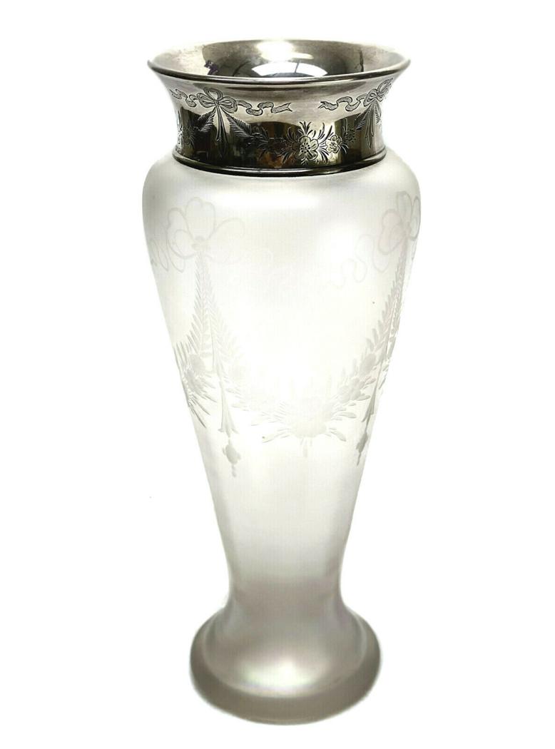 Steuben Verre De Soire Glass Gorham Sterling Silver Vase: Steuben Verre De Soire glass Gorham sterling silver acid etched vase, #2363D, 1909. Acid etched leaf swags to the exterior of the vase. The silver neck had hand chased flowers with a 3 letter monogram