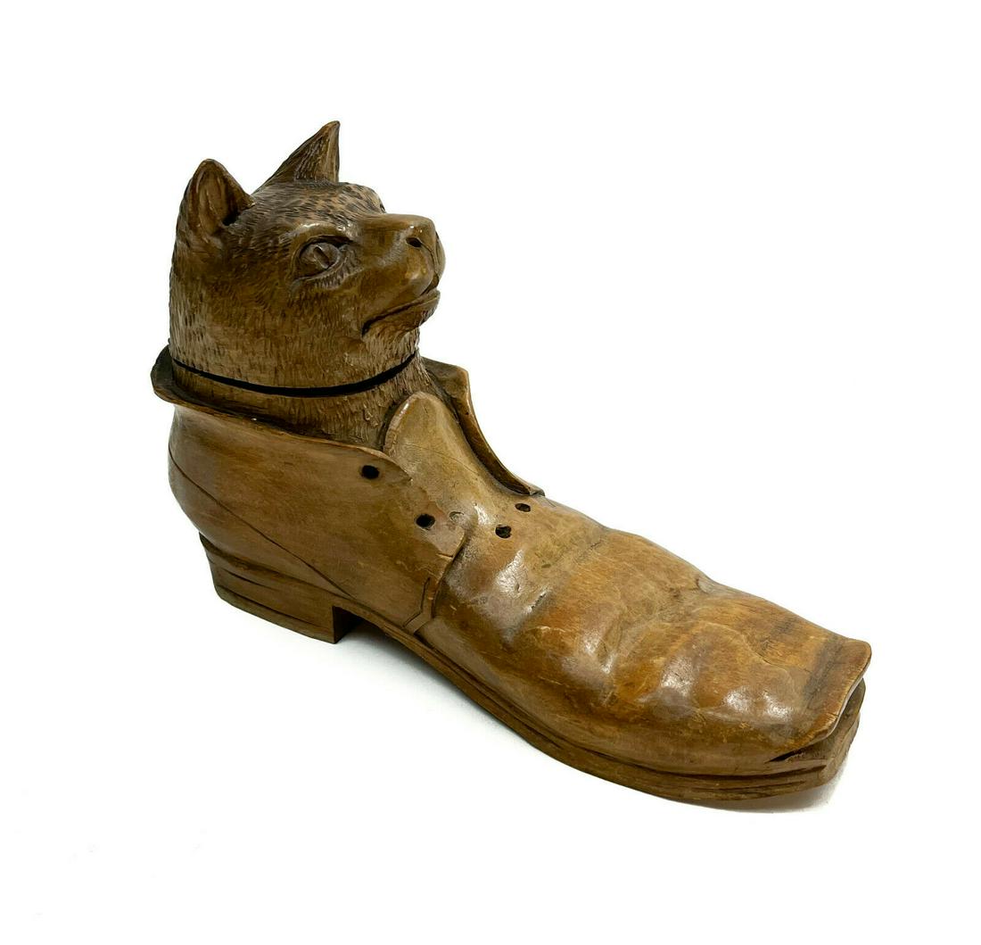 American Novelty Hand Carved Wooden Cat in a Shoe Inkwell (1 of 8)