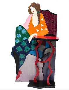 Itzchak Tarkay (Israeli) Wall Sculpture c1990: Tarkay, Itzchak "Isaac" (Israeli, 1935-2012) mixed media floor wall sculpture, circa 1990. The sculpture depicts a young woman in colorful garbs sitting on a couch with her elbow leaning on a 3 dimens