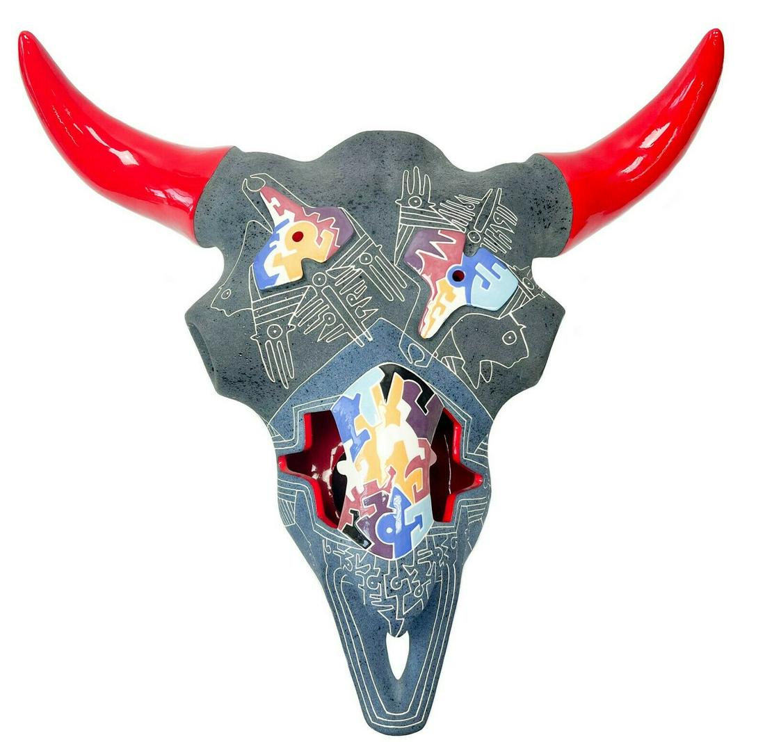 Gene and Rebecca Tobey Partially Glazed Ceramic Bull Head Skull Sculpture (1 of 6)