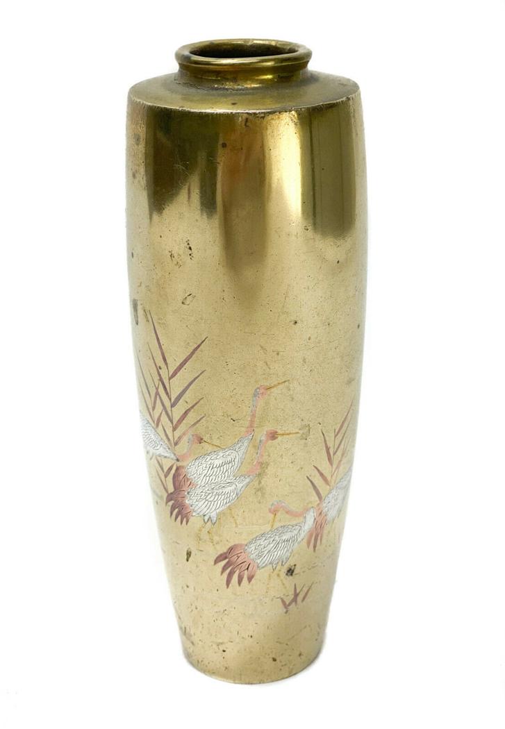 Japanese Gilt Bronze Silver Inlaid Vase, Meiji Period. Figural Birds: Japanese gilt bronze silver inlaid vase, Meiji Period. Figural birds towards the central base- the body with inlaid silver and the heads with inlaid copper. Japanese maker mark to the underside. Weigh