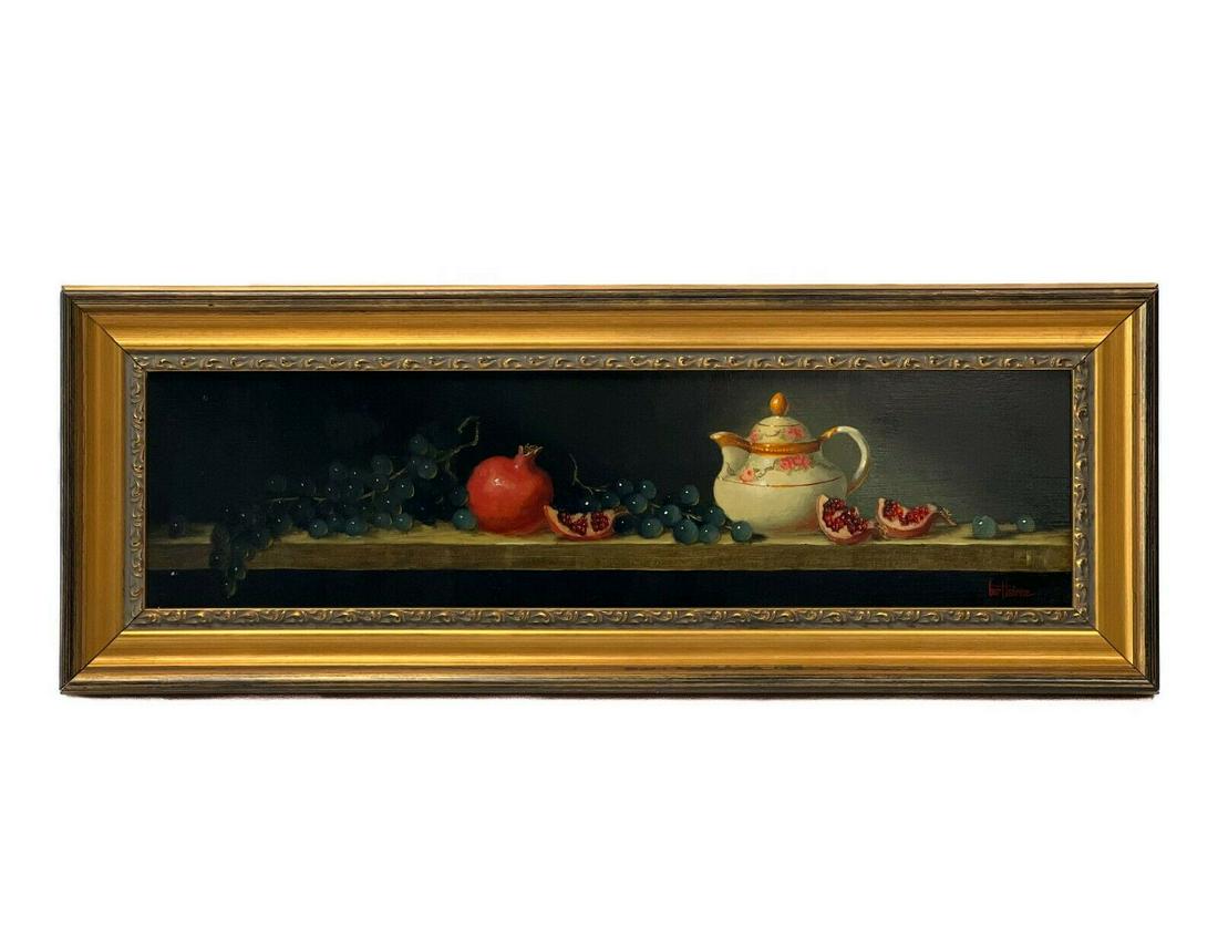 Bert Beirne Painting Nippon Teapot Grapes & Pomegranates: Bert Beirne (American b. 1939) oil on panel, "Nippon teapot, Grapes and Pomegranates." The painting depicts a porcelain teapot on a wooden table with pomegranates and bunches of grapes. Signed to the