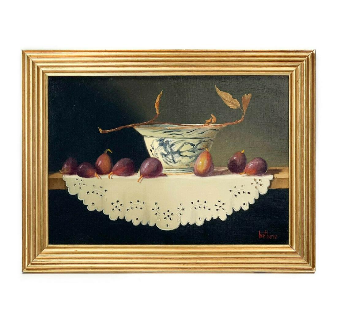 Bert Beirne Still Life Painting Oil on Canvas Oriental Bowl & Figs: Bert Beirne (American b. 1939) oil on linen, "Oriental Bowl and Figs." The painting depicts a porcelain bowl on a wooden table with a fig branch and figs. Signed to the lower right. In a gilt wooden f