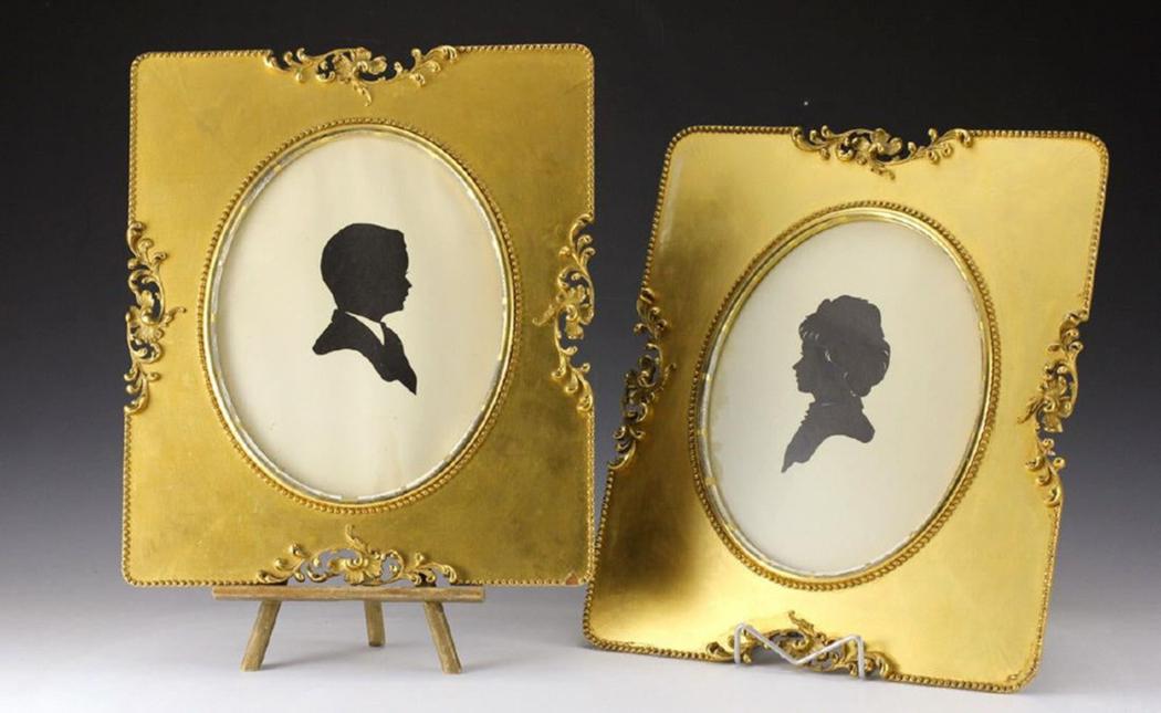 Pair Silhouettes Boy & Girl in Gilt Frames 19th Century: Pair of Silhouettes Boy and Girl in Gilt Frames - mounted in frame with handmade nails - frames feature lovely scroll and bead work details. Label on back reads 'The E.W. Noyes Co.' Mid 19th Century. 