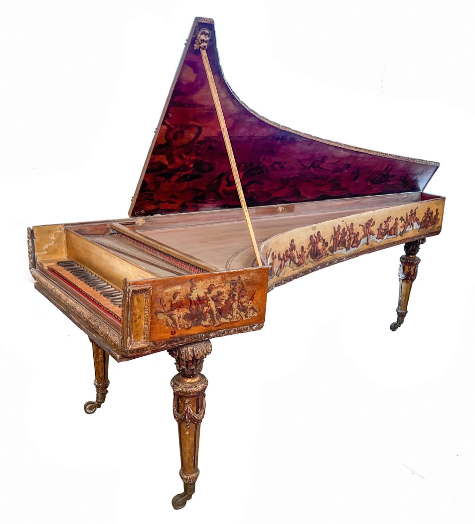 Italian 18th Century Single Manual Harpsichord: Italian 18th Century Single Manual Harpsichord, with elaborate classical hand painted scenes to the exterior and interior lids, the exterior with a gesso finish and gilt embellished, the feet set with
