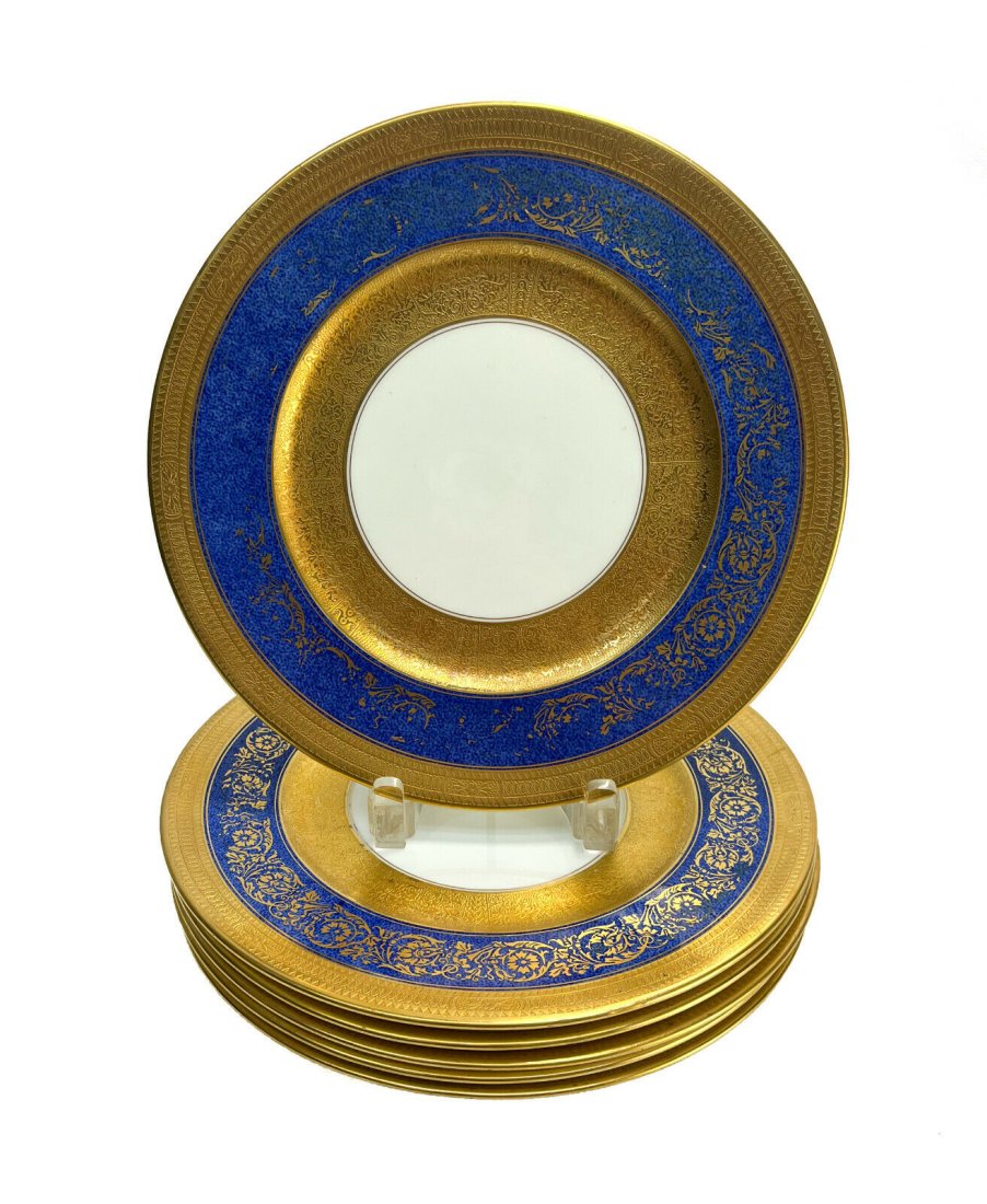 6 Cauldon England Porcelain Dinner Plates, circa 1920. Cobalt Blue & Gilt: 6 Cauldon England porcelain dinner plates, circa 1920. Powdered cobalt blue ground with gilt floral and laurel leaves. Cauldon England mark to the underside. Weight Approx., 6 lbs Measures: 10.625 inc