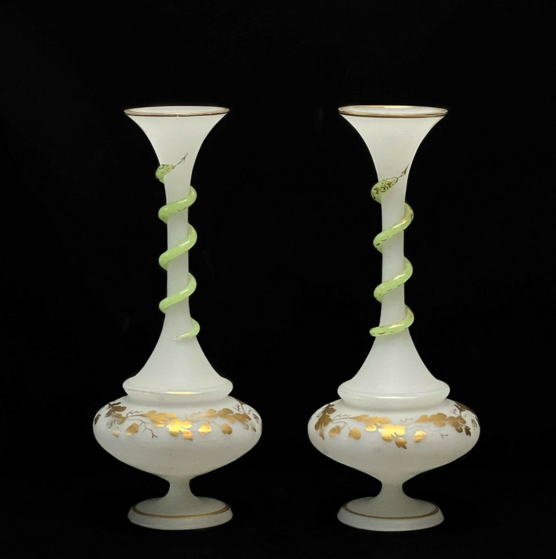 Pair French White Opaline Glass Vases with Serpent Decoration Gilt Accents (1 of 11)
