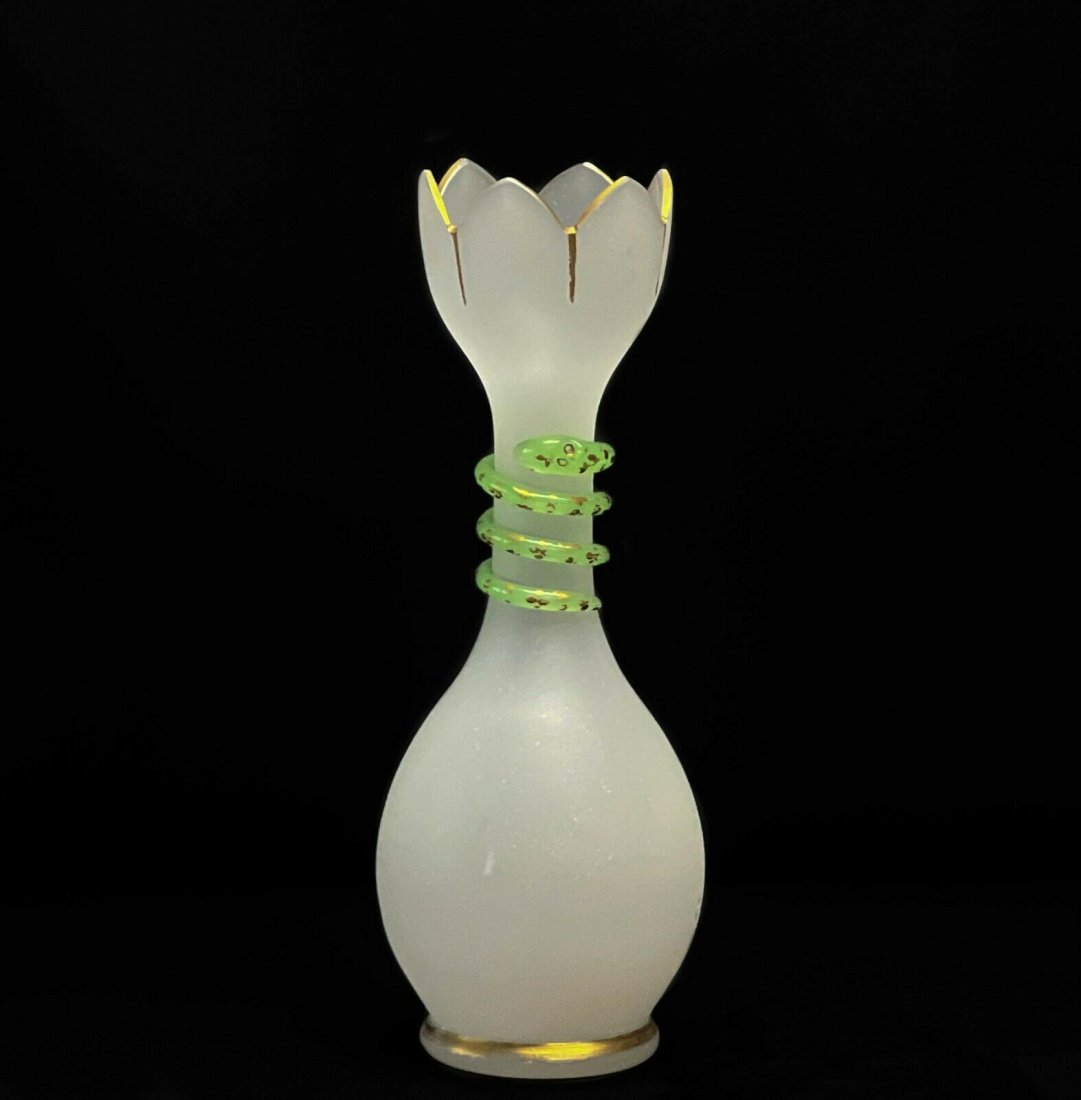 French White Opaline Glass Vase with Green Serpent Decoration Gilt Accents (1 of 6)