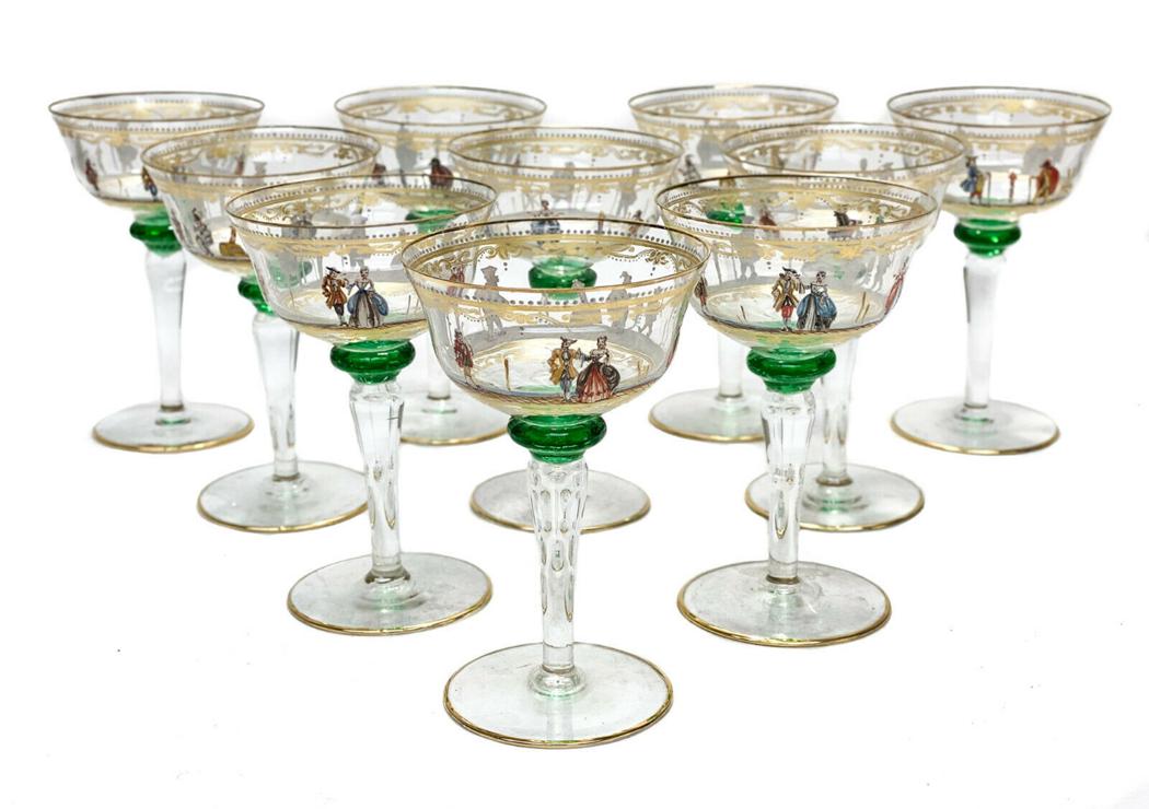 10 Venetian Art Glass Hand Painted Champagne Goblets (1 of 5)