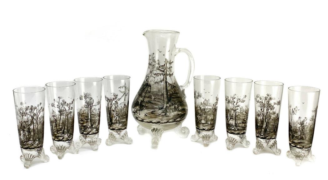 German Schwartzlot Style Black Enamel Pitcher & Tumblers for 8 (1 of 6)