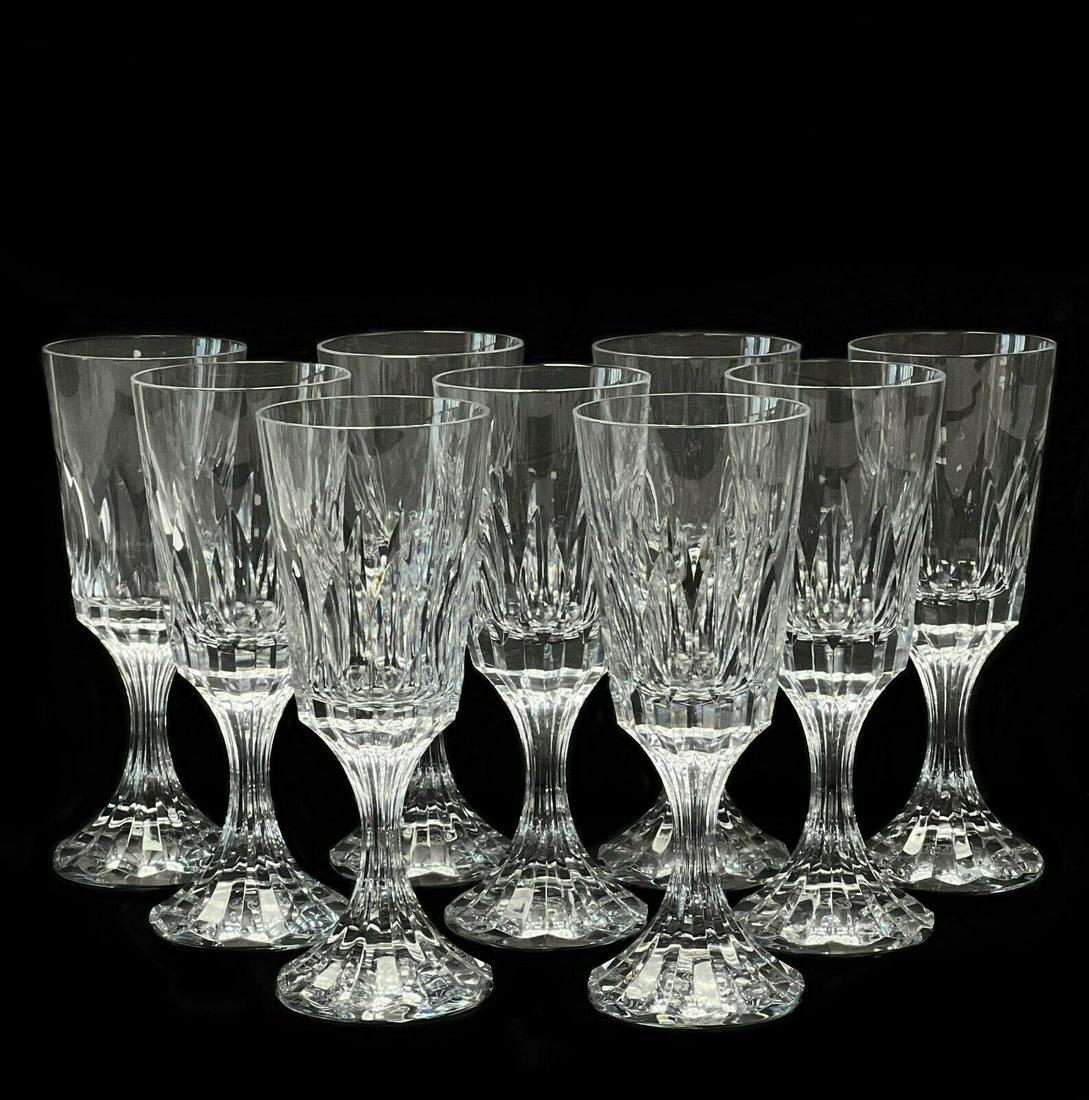 9 Baccarat France Crystal Cut Glass 7 inch Wine Glasses in D'Assas: 9 Baccarat France crystal cut glass wine glasses in D'Assas. Vertical cut design to bowl, stem, and foot. Baccarat mark to the underside. Weight Approx., 9 lbs Measures Approx., 2.75 inches diameter x