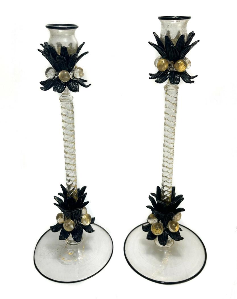 Pair Venetian Art Glass Candlesticks. Gold Fleck and Black Leaves (1 of 6)