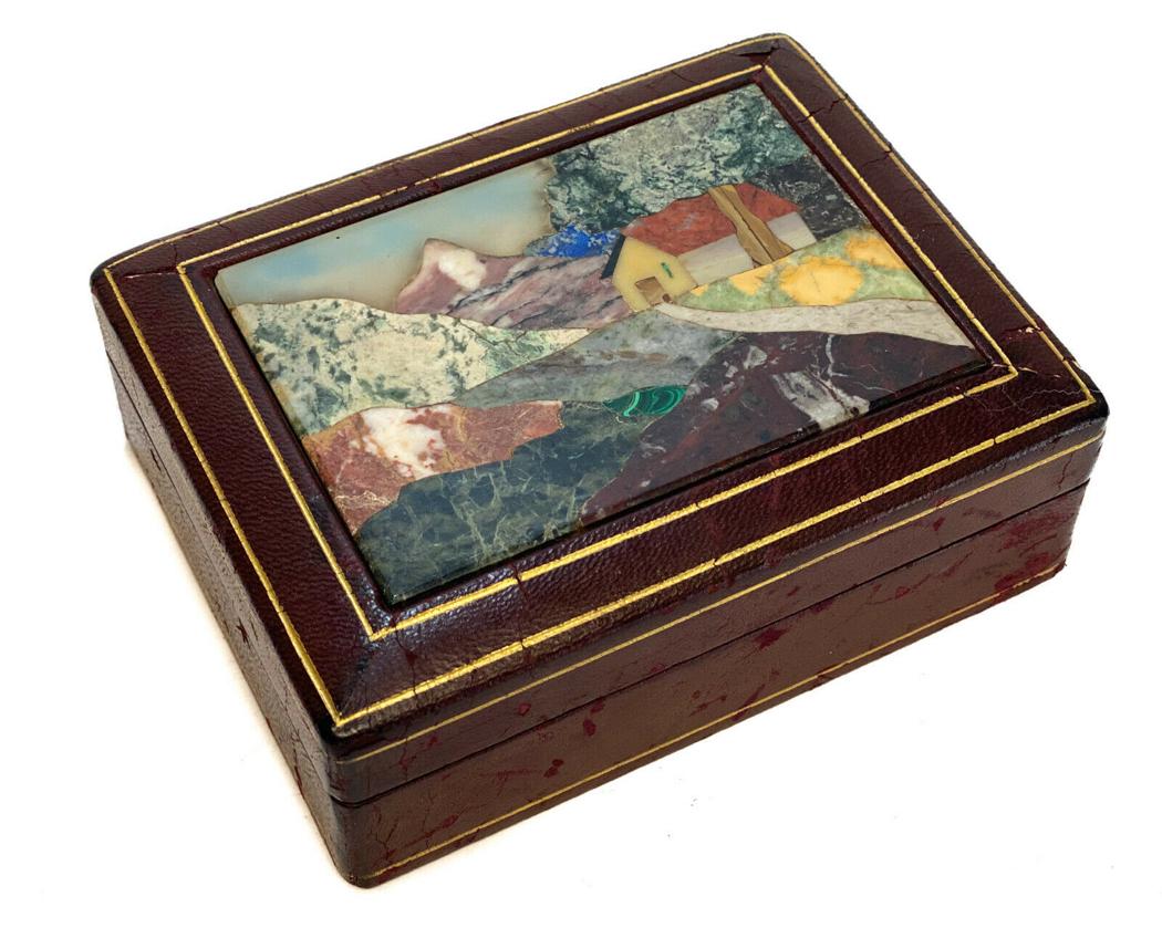 Vintage Italian Pietra Dura Stone and Leather Bound Wood Box, Landscape (1 of 5)
