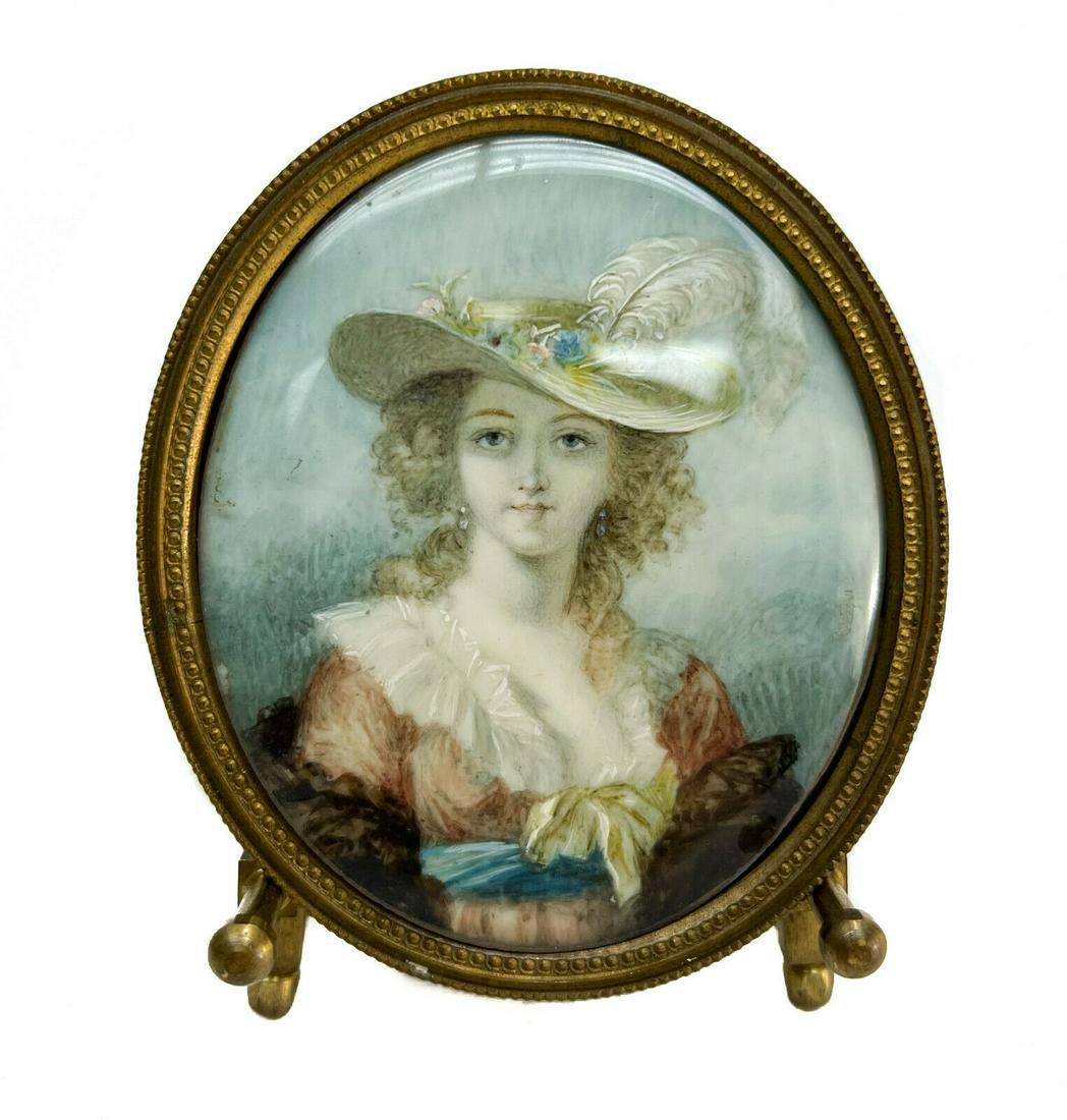 Continental Miniature Hand Painted Watercolor Gouache Portrait of Beauty, 19th C (1 of 3)