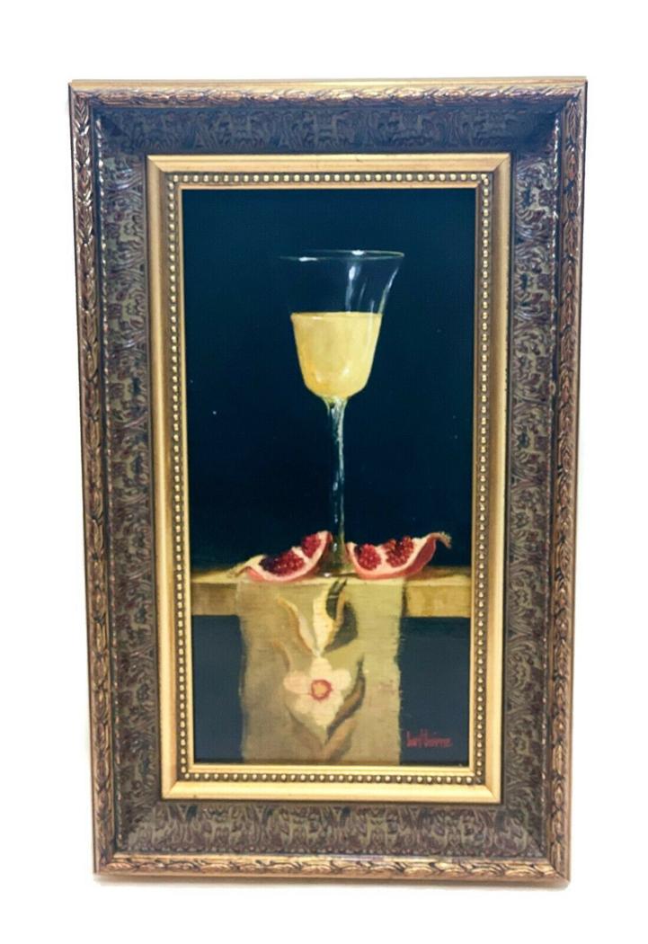 Bert Beirne Oil on Panel, "White Wine Pomegranate Tapestry ": Bert Beirne (American 1939) Oil on Panel, "White Wine, Pomegranates, Tapestry", Signed. The painting depicts a glass of white wine with pomegranate slices on a table decorated with a green tapestry ta