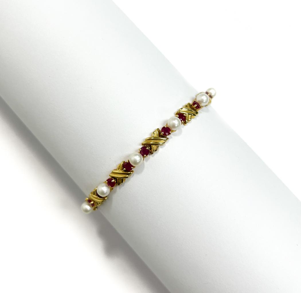 14k Yellow Gold 4.2mm Cultured Pearl and 3 Ruby Bracelet (1 of 8)