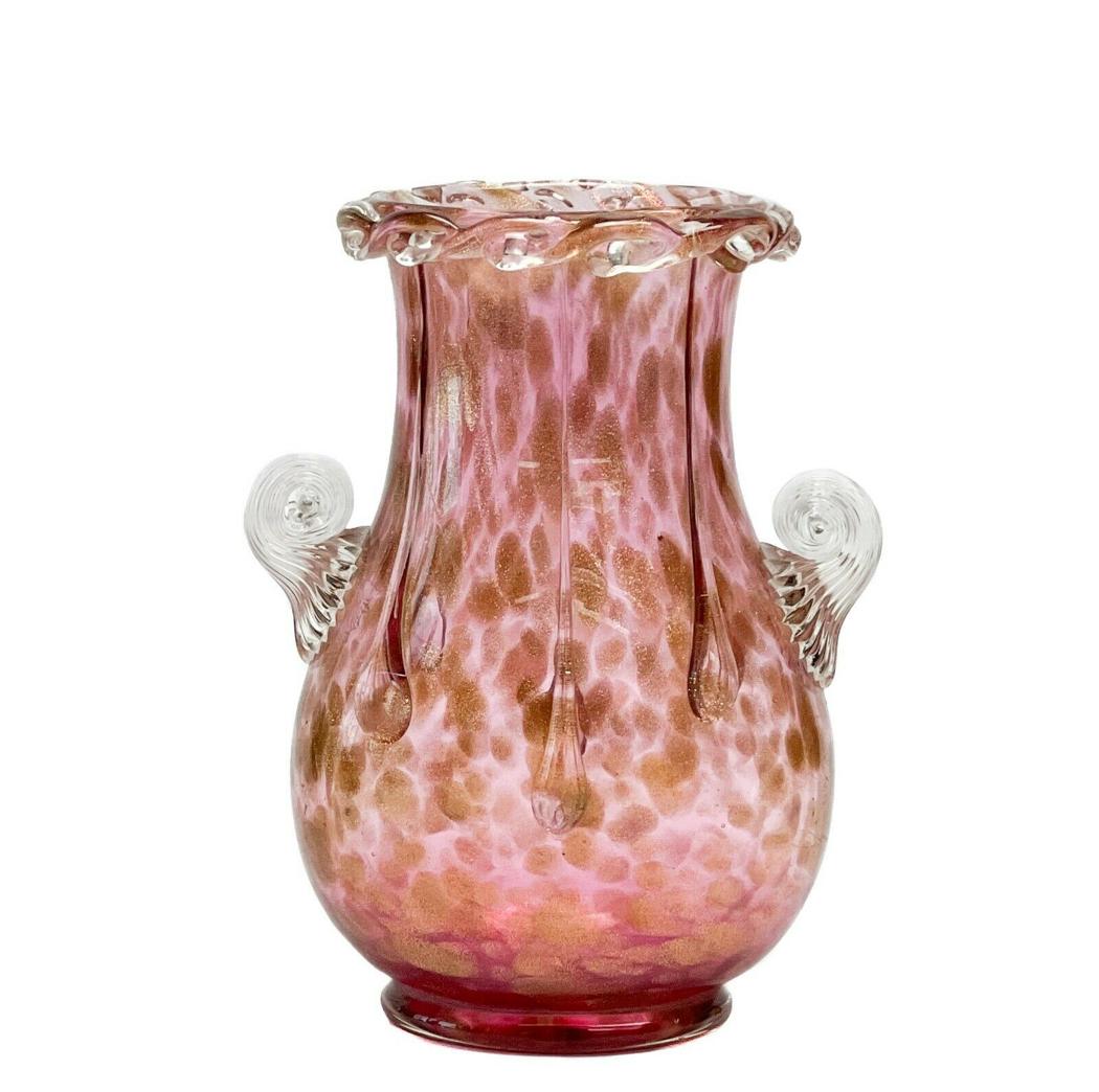 Fratelli Toso Venetian Gold Flecked Pink Glass Vase Applied Drips circa 1970: Fratelli Toso Venetian gold flecked pink glass vase, circa 1970. Pink glass vase with gold flecked decoration within the glass. Applied clear glass twin scrolled handles, applied dripping decoration t
