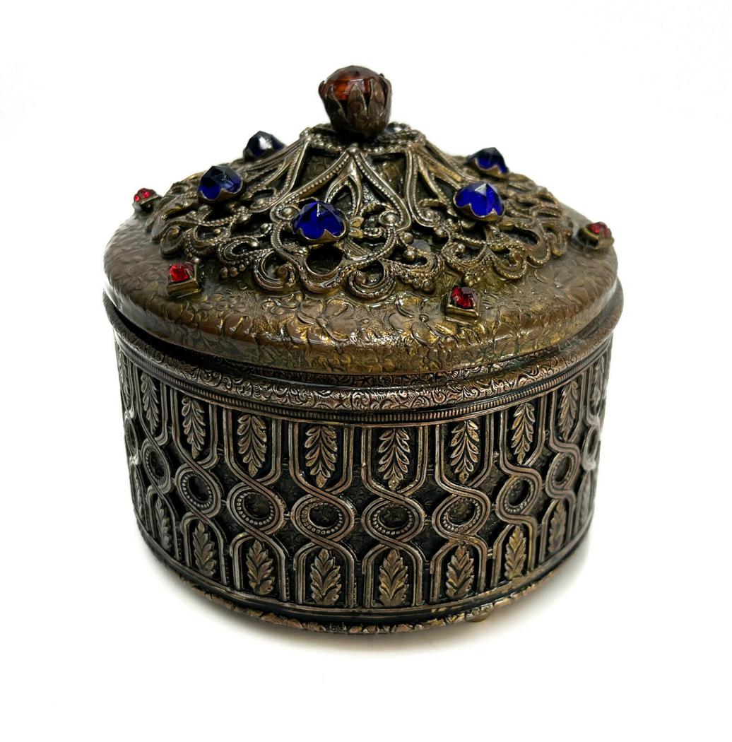Continental Patinated and Gilt Metal Faux Jeweled Vanity Box, 1st Half 20th C. (1 of 5)