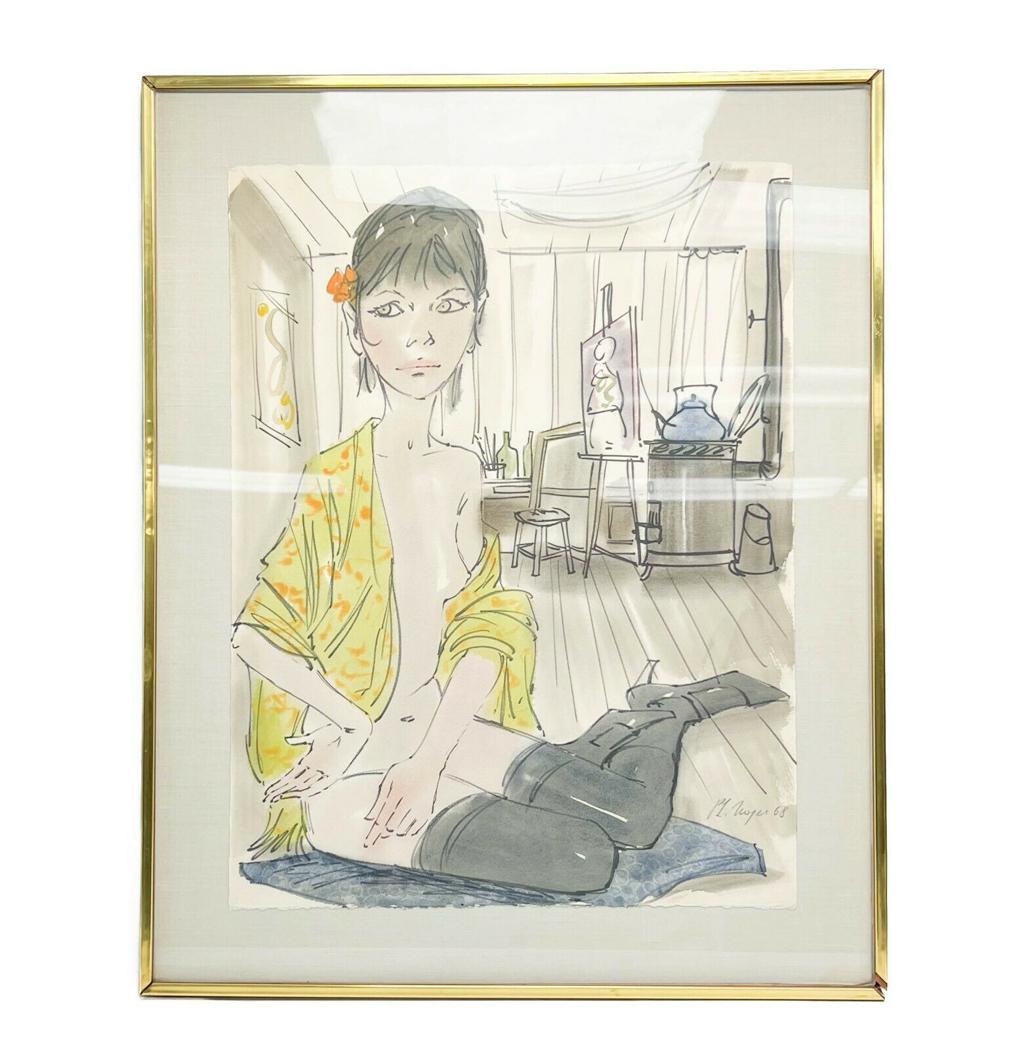 Philippe Henri Noyer Watercolor & Ink on Paper Painting Woman in Studio Signed (1 of 6)