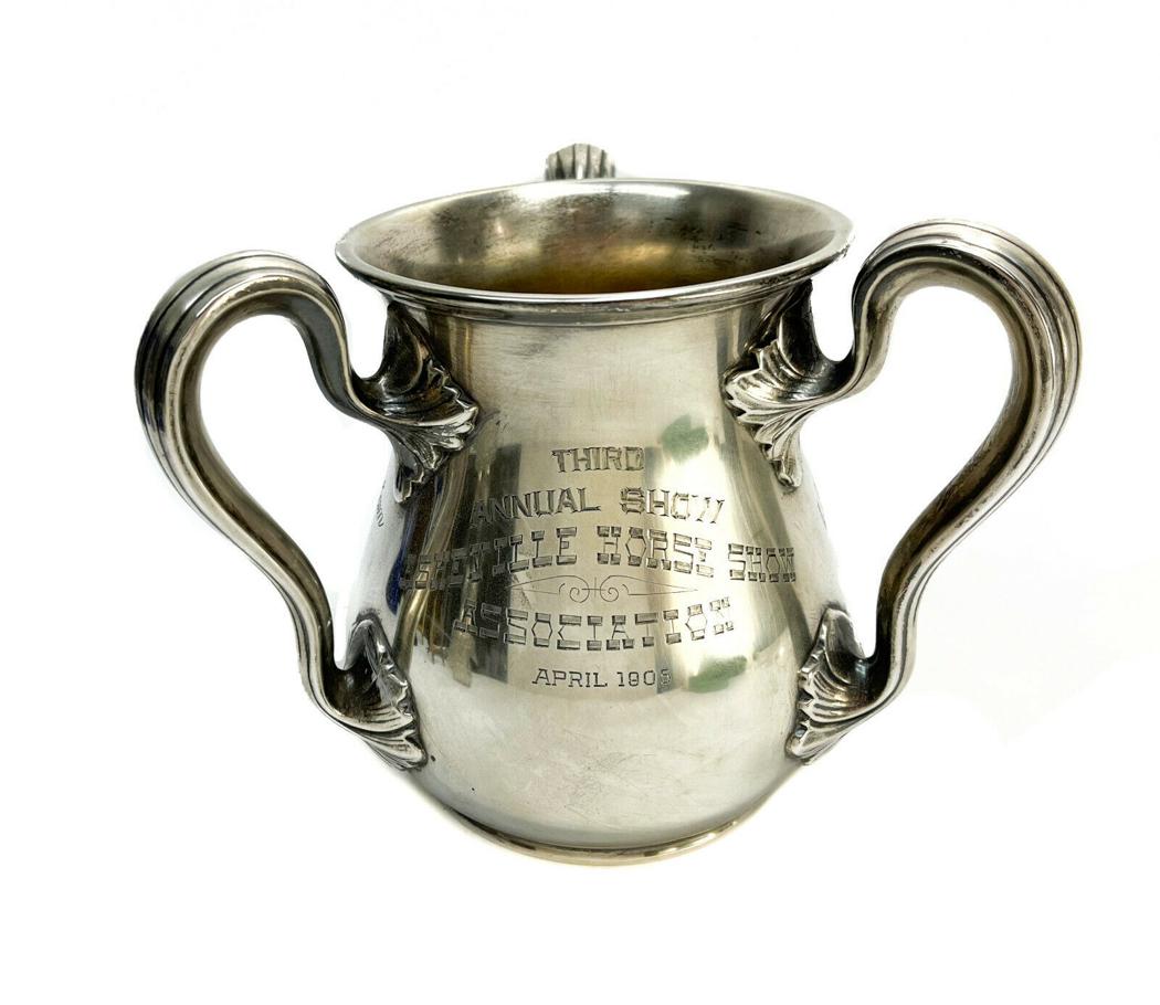 Gorham Sterling Silver Loving Cup Horse Show Trophy Cup, 1904 #A4628: Gorham sterling silver loving cup Horse Show Trophy Cup, 1904 #A4628. Inscribed to each wall:Wall One: Third Annual Show Asheville Horse Show Association April 1905/ Wall Two: Ladies Saddlehorse First