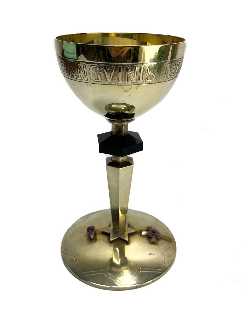CP 925 Gilt Sterling Silver Wine Chalice: CP 925 Gilt Sterling Silver Wine Chalice. Applied red jewels to the base. Engraved "HIC EST ENIM CALIX SANGVINIS MEI" meaning "This is the cup of my blood". Marked 925 to the top rim and underside bas