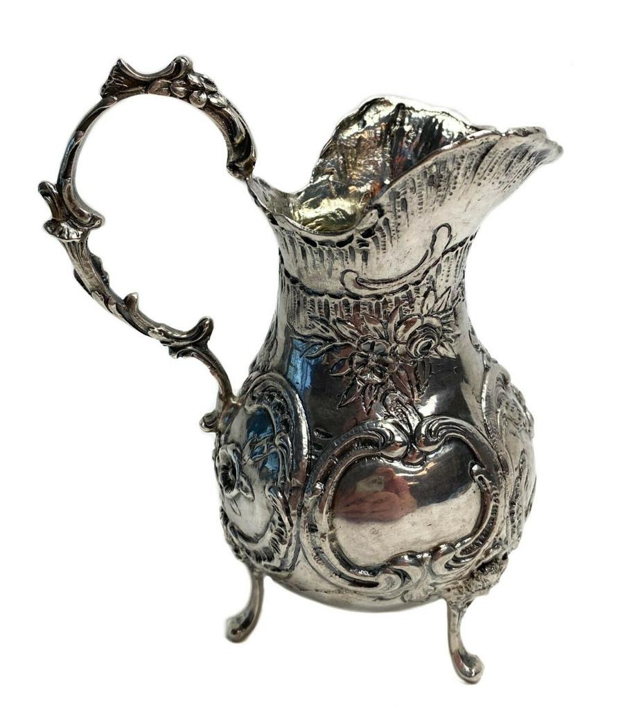 German .800 Silver Footed Creamer, Repousse Florals & Scrolls (1 of 8)