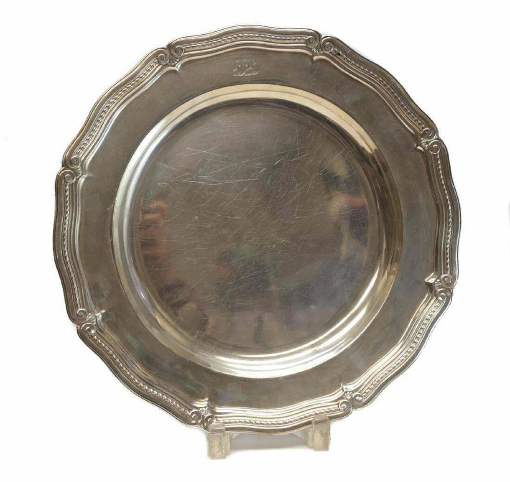 Tiffany & Co Makers Sterling Silver Serving Tray: Tiffany & Co. Makers sterling silver scallop rimmed tray, #18060, circa 1910. Hand chased rope texture to the rim. A 3 letter indistinguishable monogram to the center. Tiffany & Co. Makers silver mark
