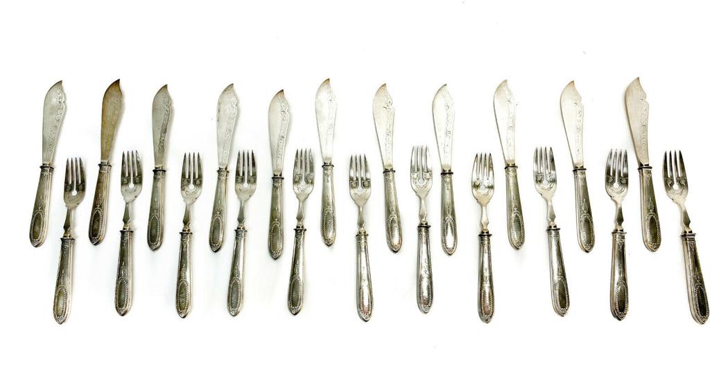 11 German Silver Fish Knife and Forks, circa 1900. Etched leaves and Florals (1 of 7)
