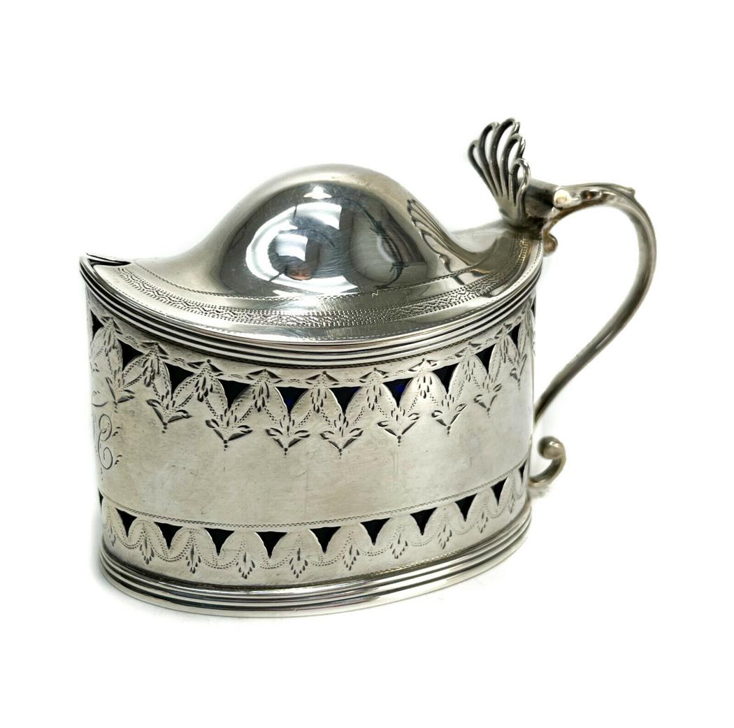 Peter, Ann & William Bateman London Sterling Silver Condiment Jar, 1804.: Peter, Ann & William Bateman London sterling silver condiment jar, 1804. Hand chased leaves to the exterior and monogrammed "FE" to the center. Shell to the handle with cobalt blue glass liner. Peter,