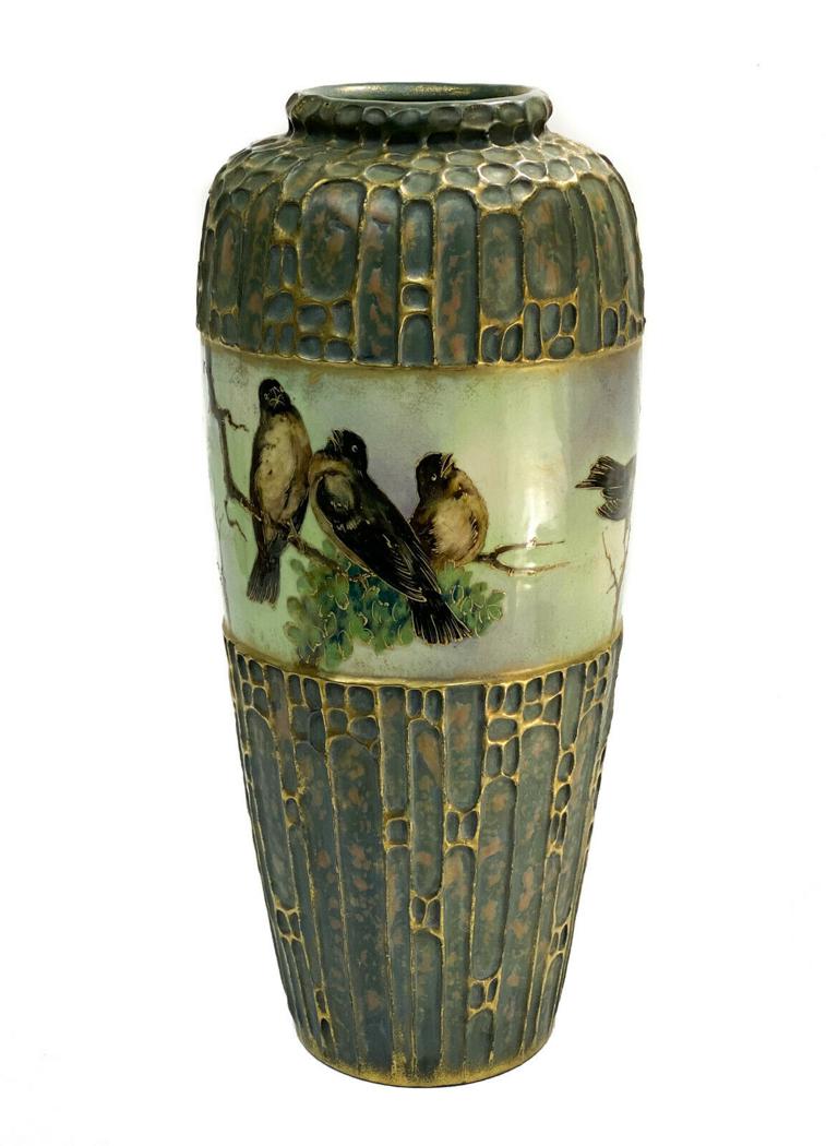 Amphora RSTK Austria Pottery 20 inch Vase: Large Amphora RSTK Austria pottery vase. The central circular band depicting various hand painted birds on branches. The body of the vase with gilt raised tree bark. Amphora mark to the underside base