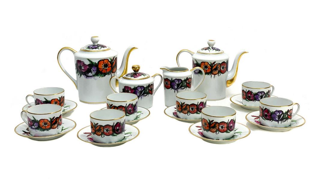 Bernardaud Buffet Limoges Coffee and Tea "Les Anemones": Bernardaud Buffet Limoges porcelain coffee and tea service for 8 in "Les Anemones". Multi-colored flowers throughout with black outlines. Gilt to the the rims. Signed "B.B." for Bernardaud Buffet with