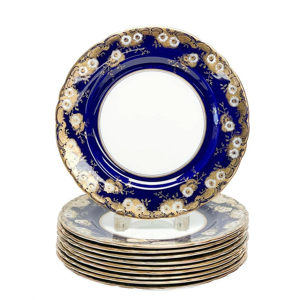 10 Aynsley England Porcelain Dinner Plates Cobalt Blue Gilt Florals c. 1940 (1 of 8)