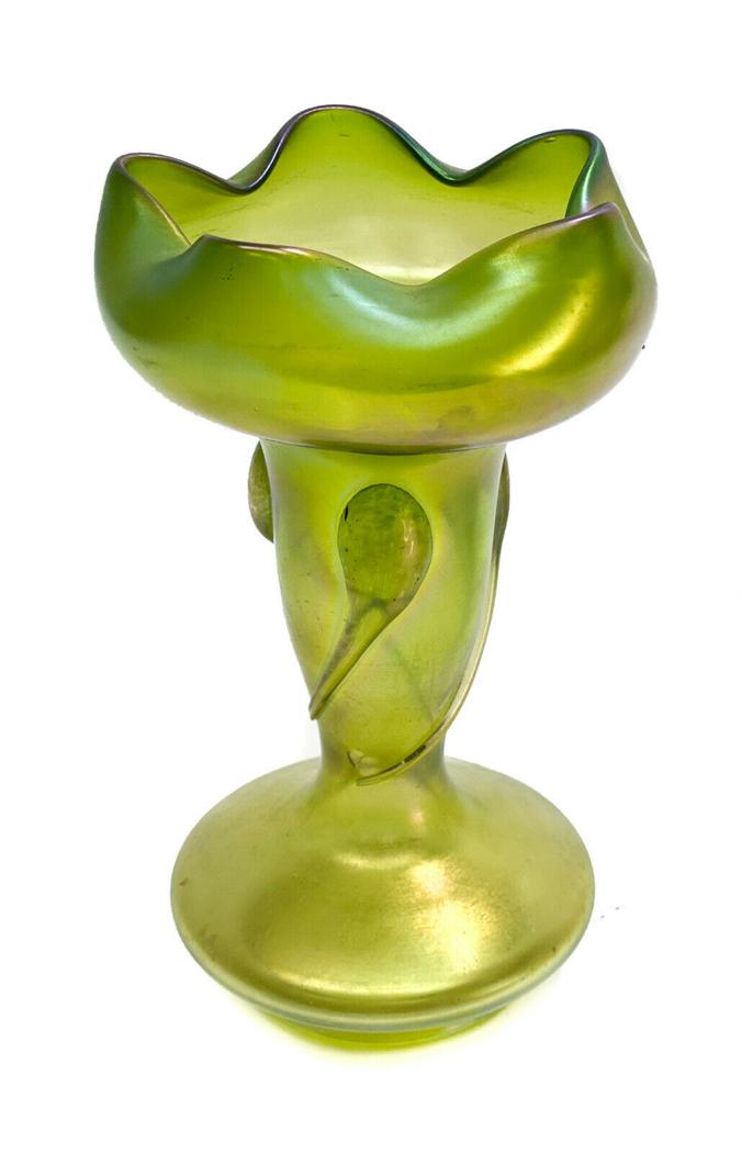 Austrian Loetz Style Green Iridescent Ruffled Glass Vase (1 of 6)