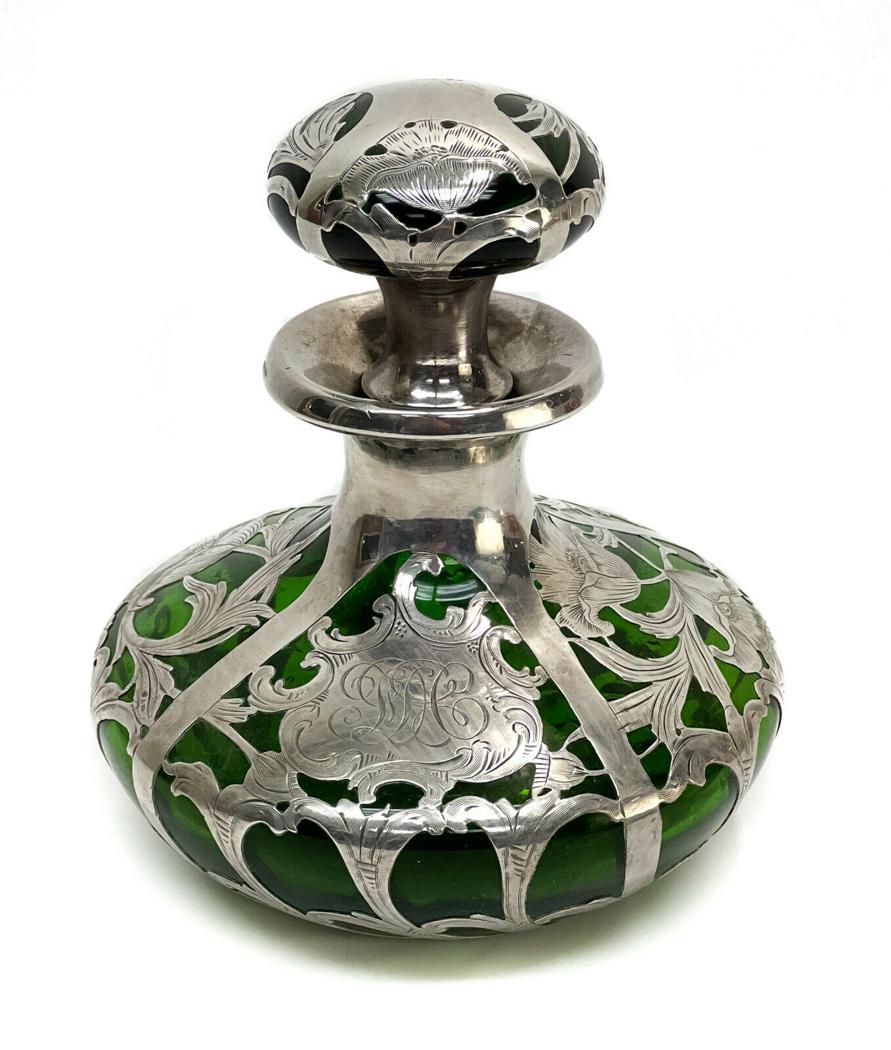 Alvin Mfg 999 Silver Green Glass Decanter Art Nouveau (1 of 7)