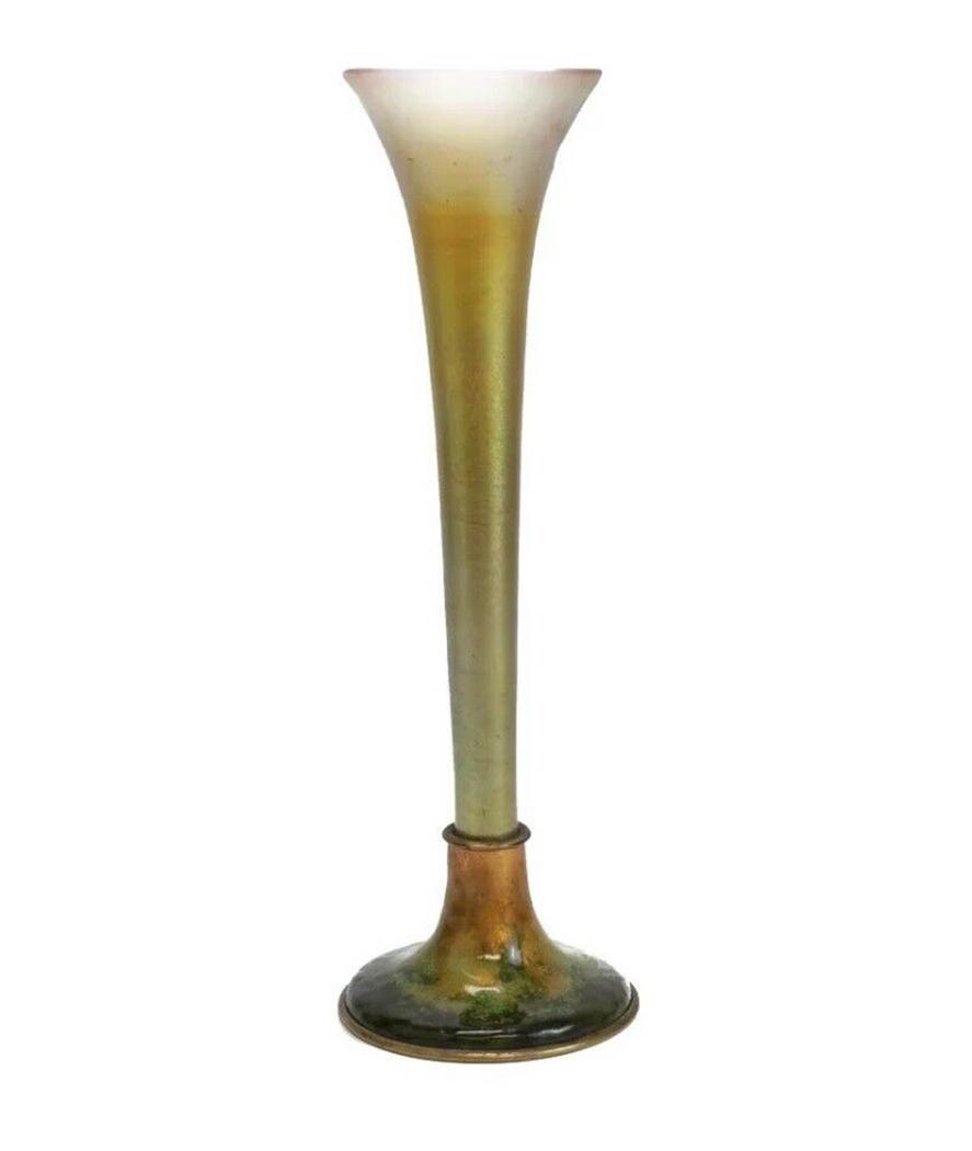 LCT Tiffany Favrile Trumpet Glass Vase Enamel Base (1 of 5)