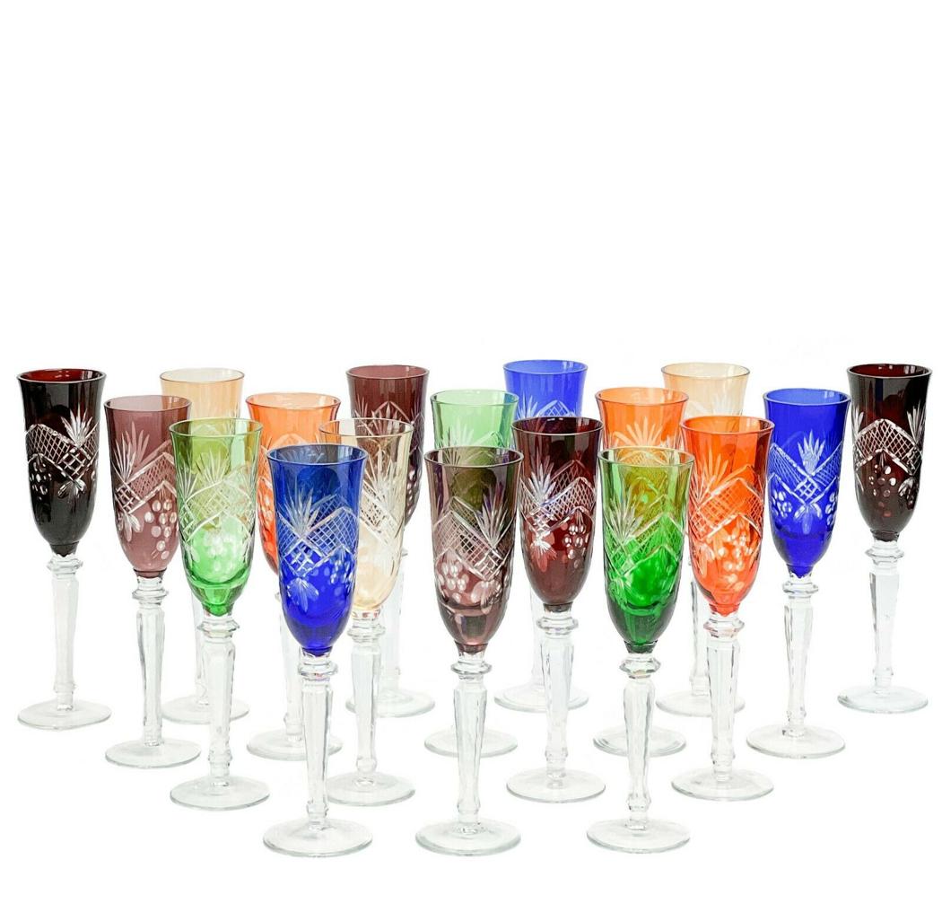 18 Bohemian Multi-Colored Cut to Clear Glass Champagne Flutes Fans Grapes (1 of 7)