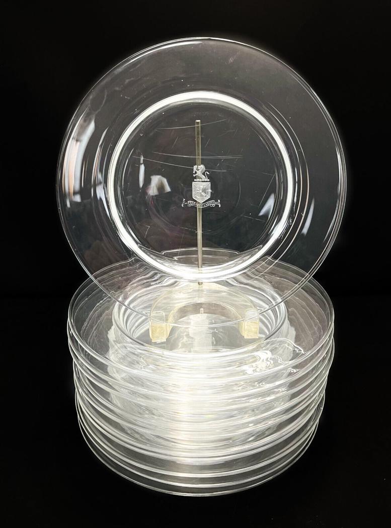 11 Steuben Glass Armorial Crest Dinner Plates, Probitate et Labore. Signed (1 of 6)