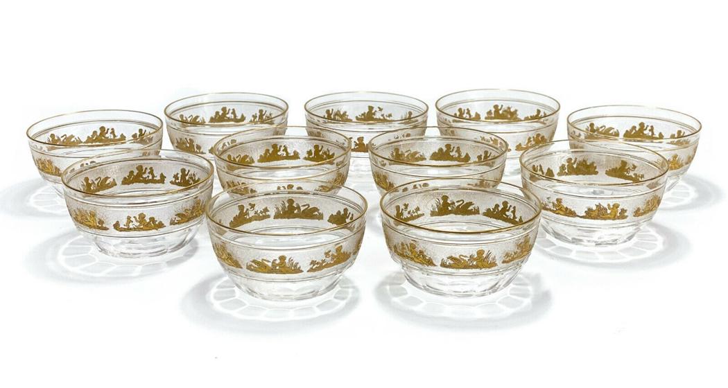 11 Val St Saint Lambert Glass Berry Bowls Danse De Flore: 11 Val St Saint Lambert cut glass berry bowls in Beaudoin clear. Beautiful gilt antiquity dancing scenes to the frosted circular band. Weight Approx., 8 lbs Measures Approx., 4.5 inches diameter x 2.5