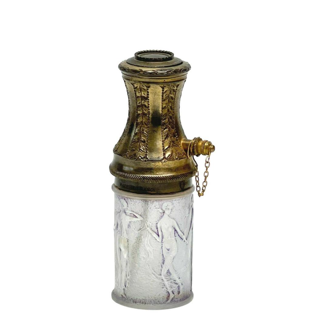 Rene Lalique Frosted Glass Gilt Bronze Perfume Atomizer c. 1920 Purple Patina (1 of 9)