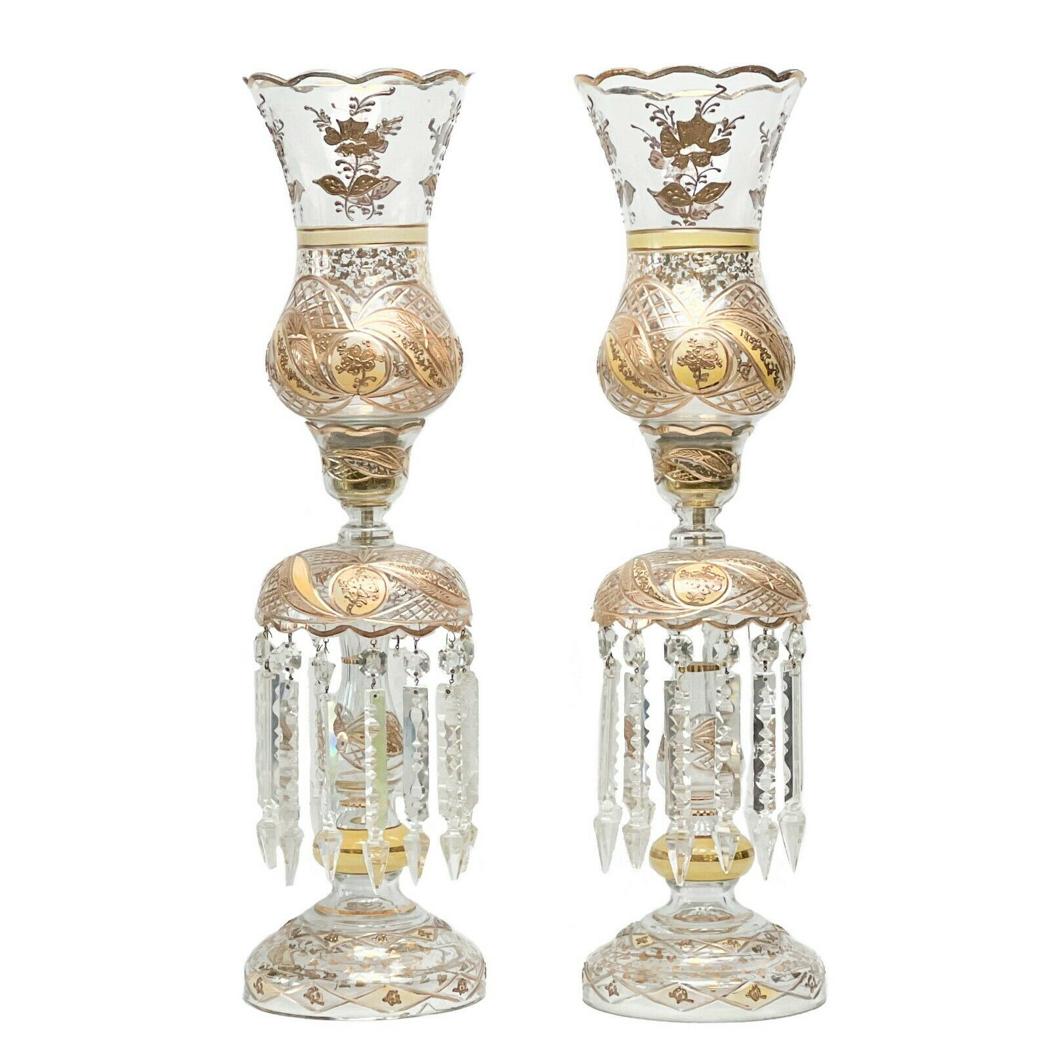 Pair Gilt & Cut Glass Hurricane Vase & Lusters for the Middle Eastern Market: Pair gilt & cut glass Hurricane vases & lusters, circa 2nd half 20th century. Yellow and gilt decoration throughout the glass. Weight Approx., 13 lbs Measures Approx., 6.5 inches diameter x 26.5 inche